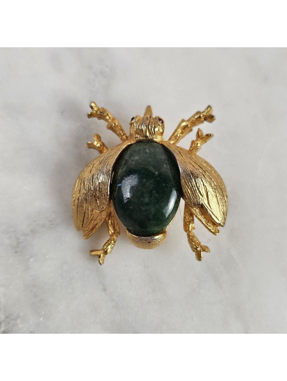 Vintage Laguna Beetle Brooch Green Cabochon Red Rhinestone Eyes Gold Tone